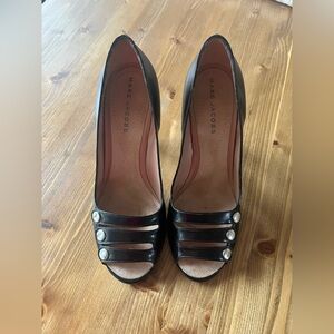 Marc Jacobs Black Leather Peep-Toe Heels with Button Straps